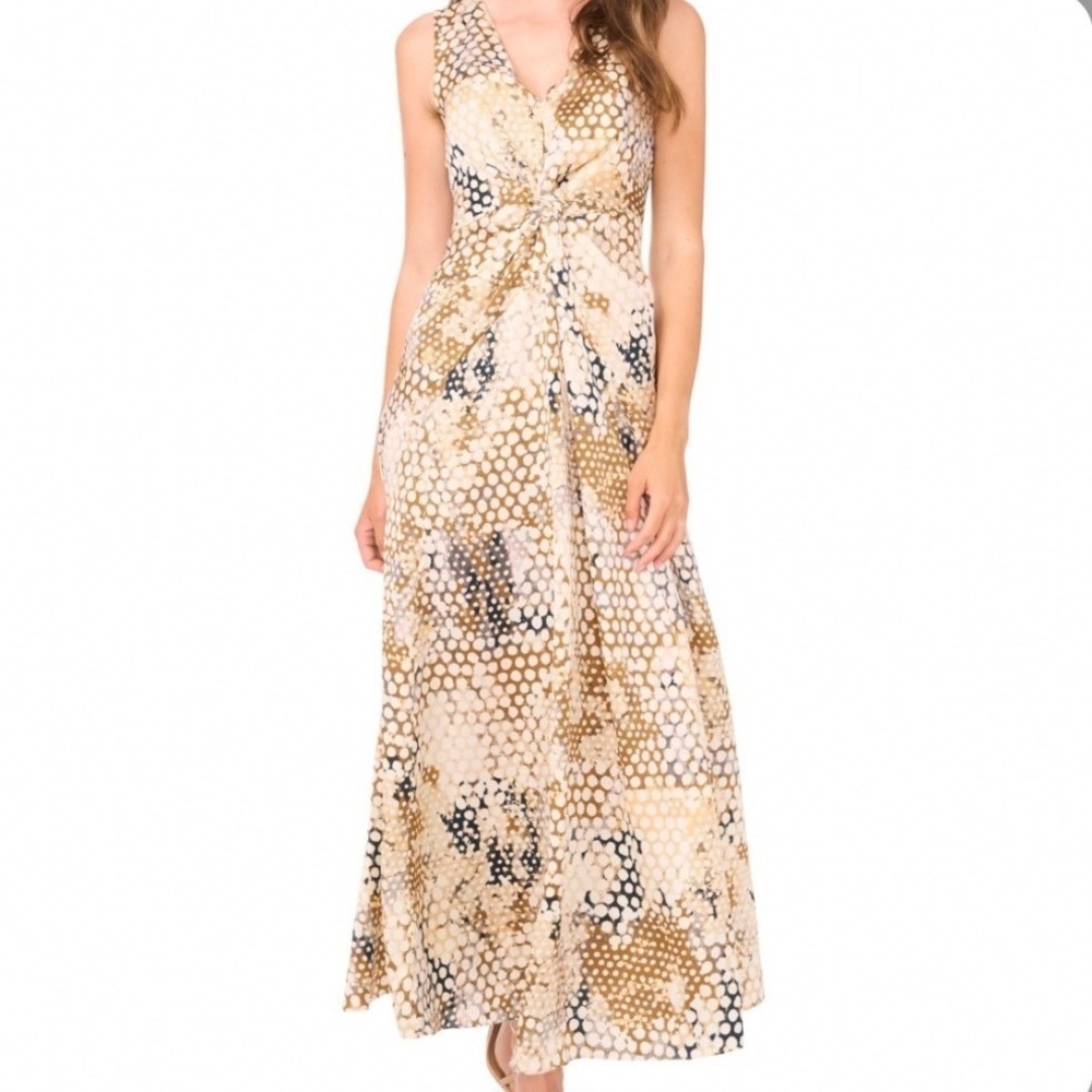 1.STATE Maxi Dress Womens XS New Abstract Dot Twist Front Brown Taupe MSRP $129